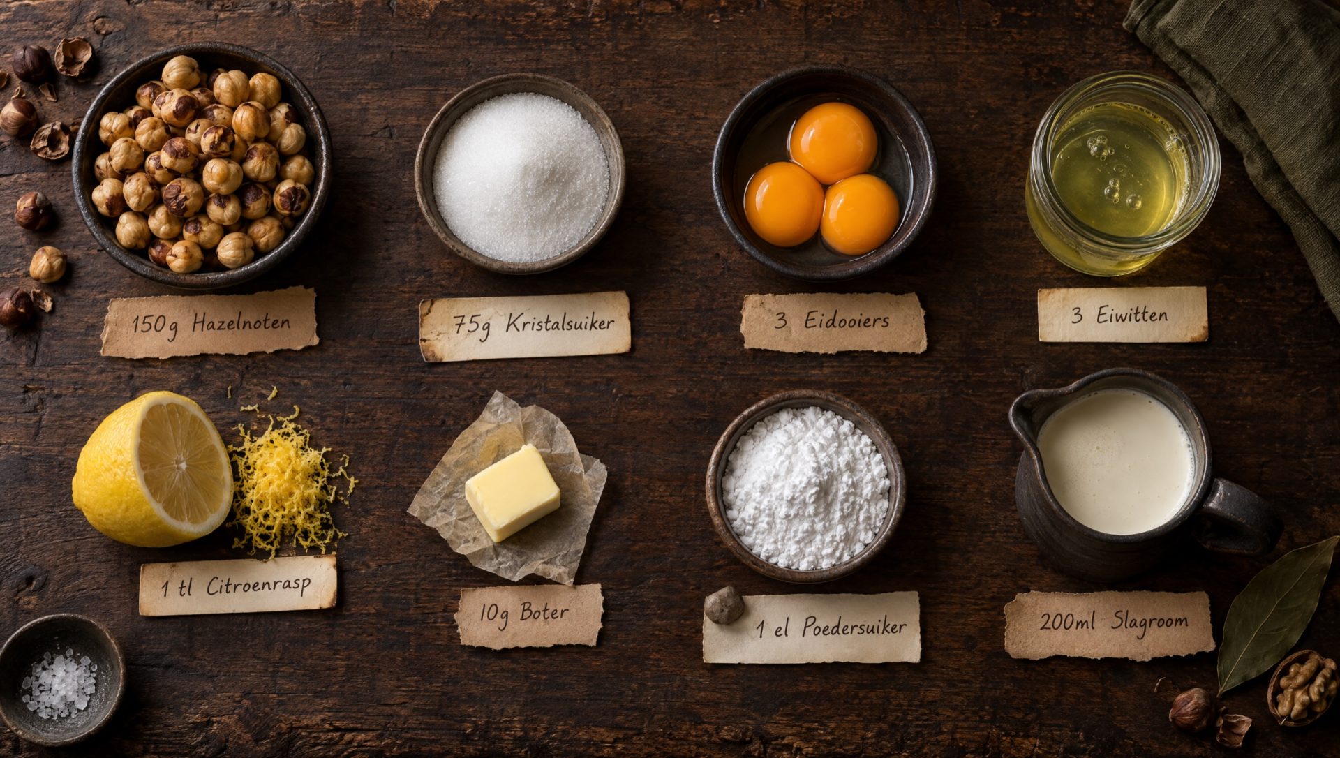 Ingrediënten voor hazelnoottaart: geroosterde hazelnoten, eieren, kristalsuiker, citroen en poedersuiker