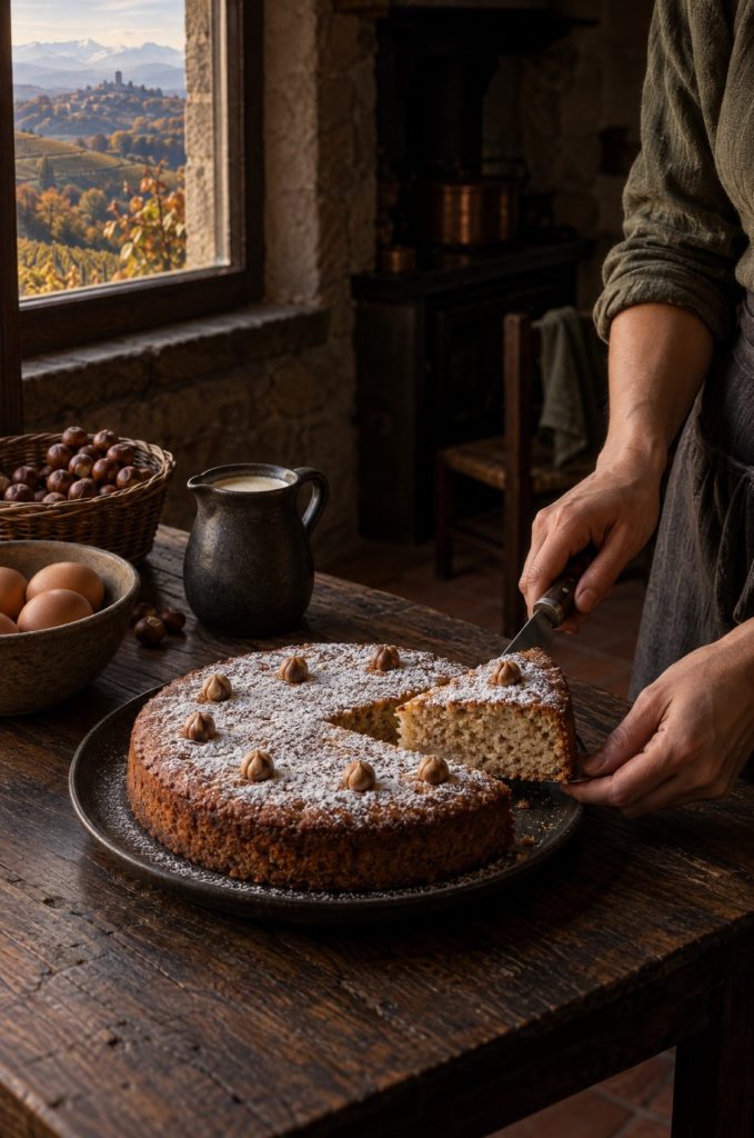 Handen van de kok snijden hazelnoottaart aan in een donkere keuken bij het raam, met uitzicht op de heuvels van de Langhe