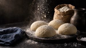 Vier deegballen italiaans pizzadeeg op een met bloem bestoven werkblad, met een zak tipo 00 en een kan water ernaast