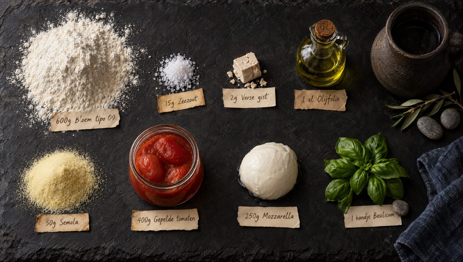 Ingrediënten voor italiaans pizzadeeg: tipo 00, zeezout, verse gist, olijfolie, semola, tomaten, mozzarella en basilicum