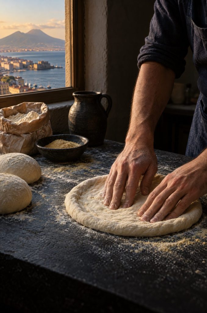 Handen van de kok rekken een deegbal italiaans pizzadeeg uit in een donkere keuken, met door het raam de Vesuvius