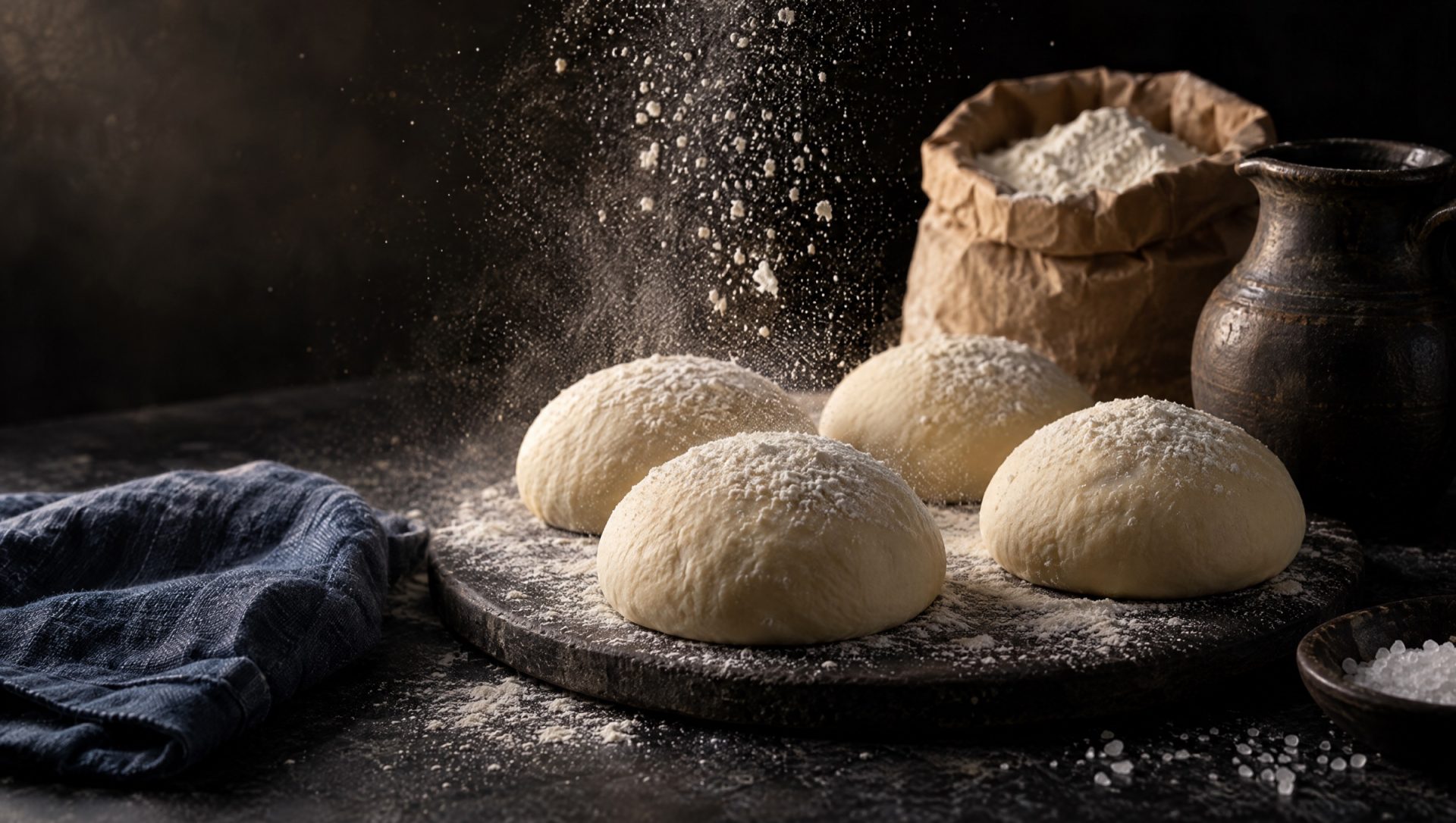 Vier deegballen italiaans pizzadeeg op een met bloem bestoven werkblad, met een zak tipo 00 en een kan water ernaast