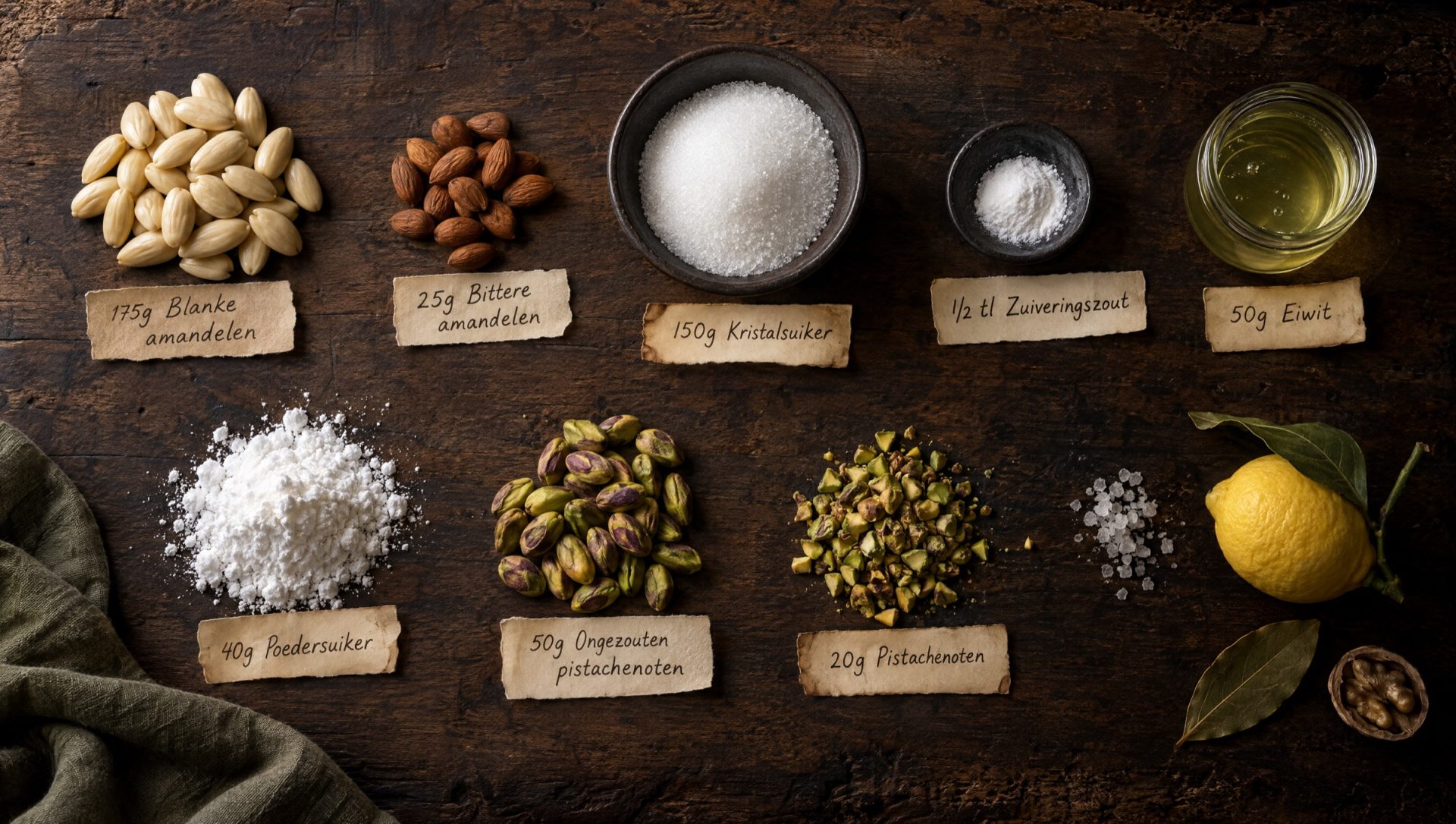 Ingrediënten voor Italiaanse koekjes: blanke en bittere amandelen, suiker, eiwit, poedersuiker, pistachenoten en citroen
