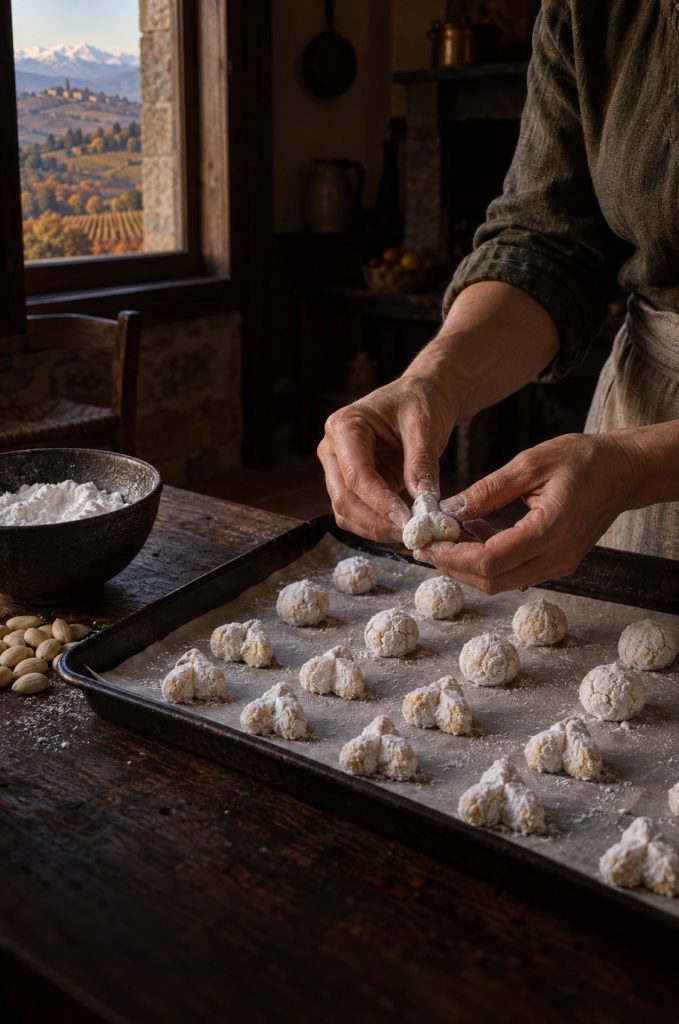 Handen van de kok knijpen Italiaanse koekjes in drie punten in een donkere keuken, met uitzicht op de heuvels van Gavi