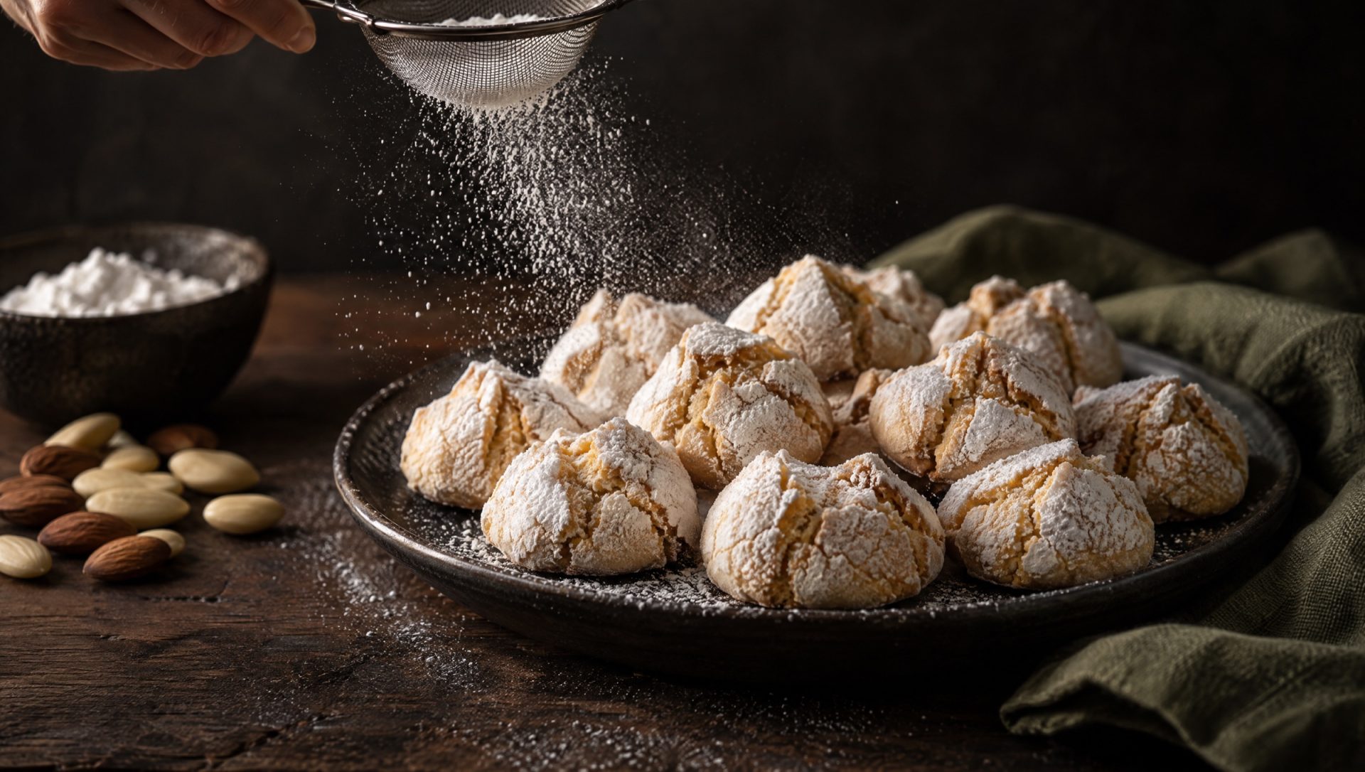 Zachte amaretti met gebarsten korst van poedersuiker op een donker bord, met blanke en bittere amandelen op een donkere tafel