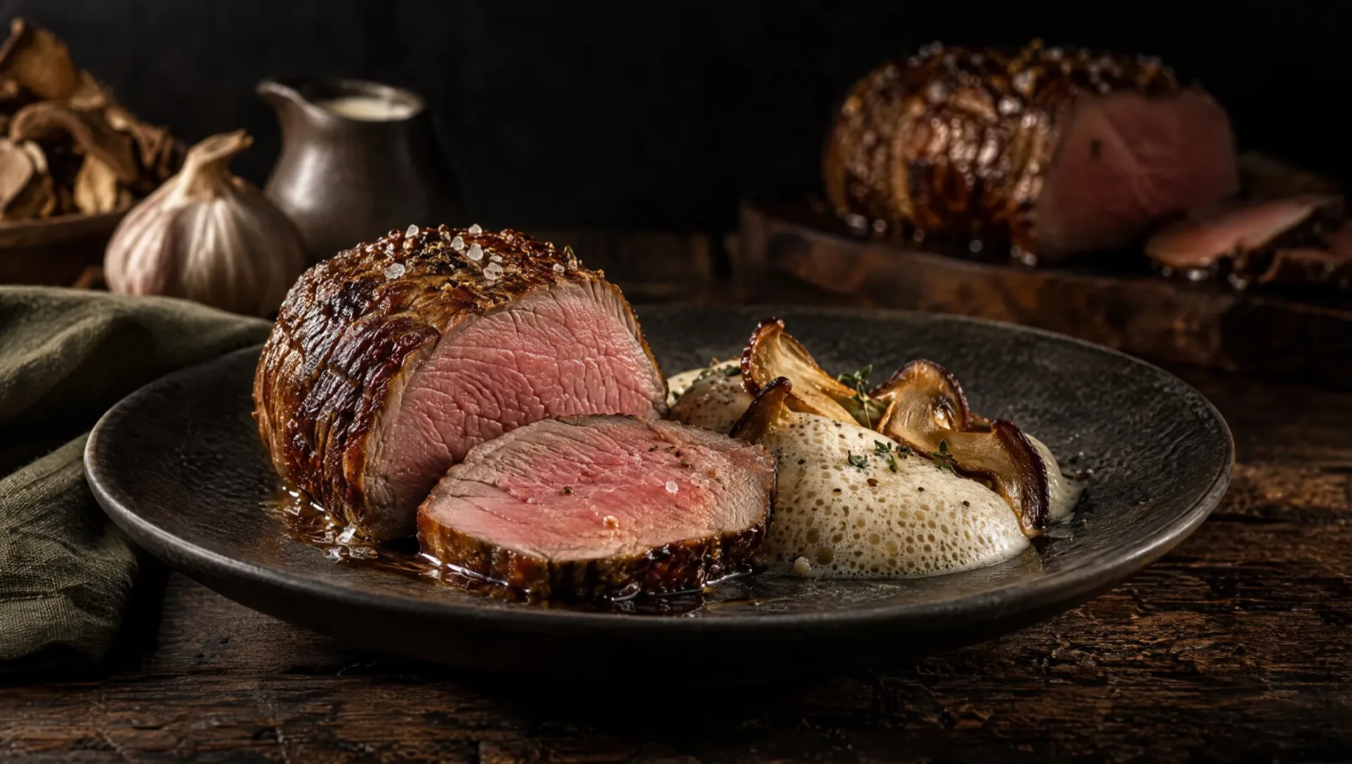 Kalfsfricandeau sous vide met porcinischuim op een Piemontese herfsttafel, met gedroogde porcini, knoflook en room