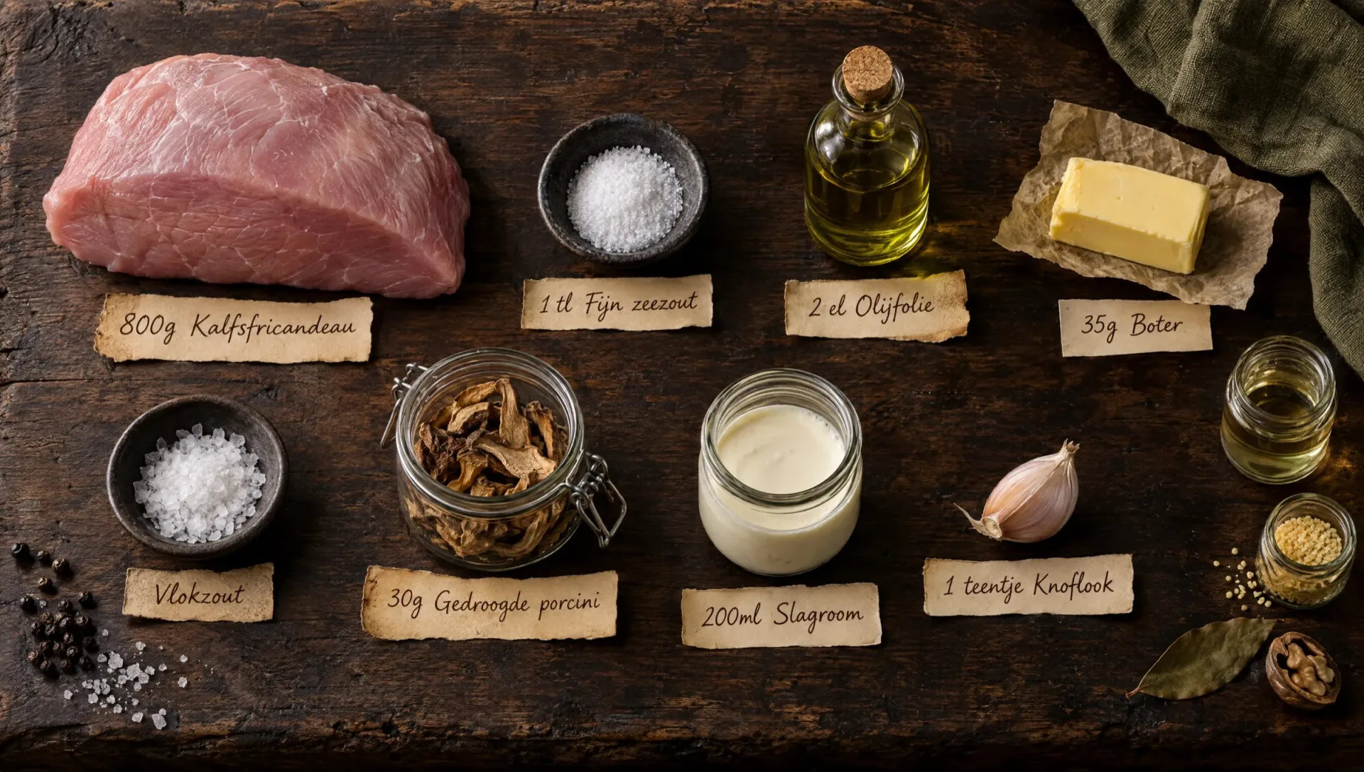 Ingrediënten voor kalfsfricandeau sous vide: rauw kalfsvlees, gedroogde porcini, room, witte wijn, knoflook en boter