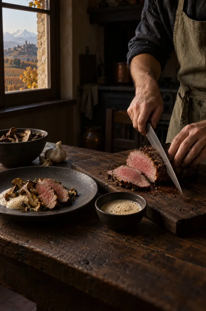 Handen van de kok snijden kalfsfricandeau sous vide in plakken in een donkere keuken bij het raam, met uitzicht op de Langhe