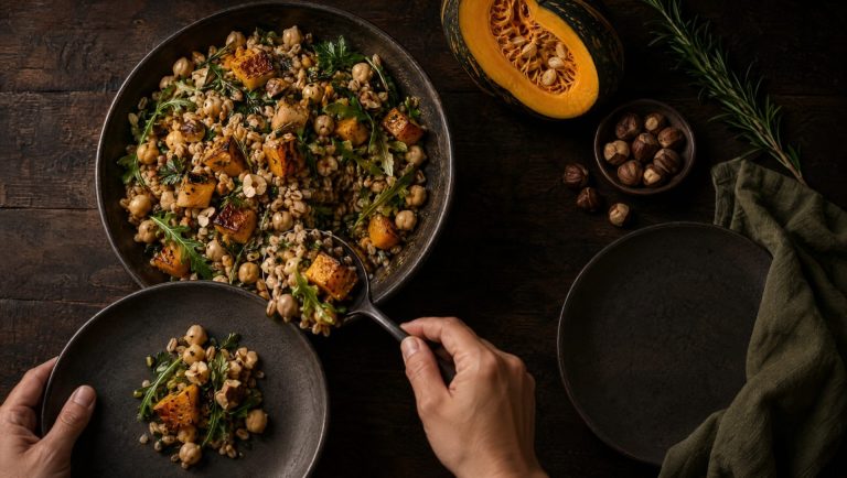 Kikkererwtensalade met pompoen, farro en hazelnoten op een Piemontese herfsttafel met rauwe pompoen en rozemarijn