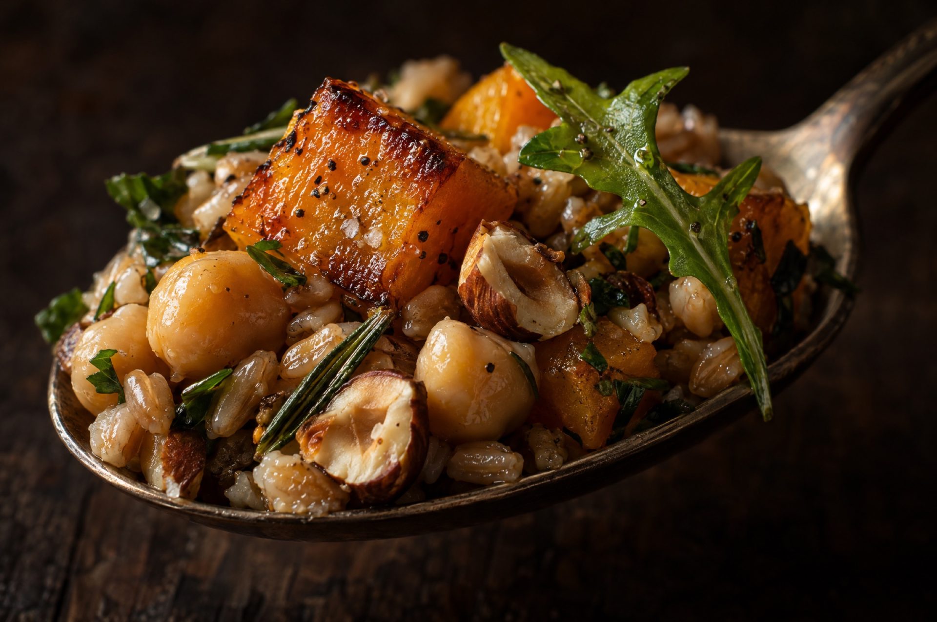 Close-up van kikkererwtensalade met glanzende farro, goudbruine pompoenblokjes en grof gehakte hazelnoten