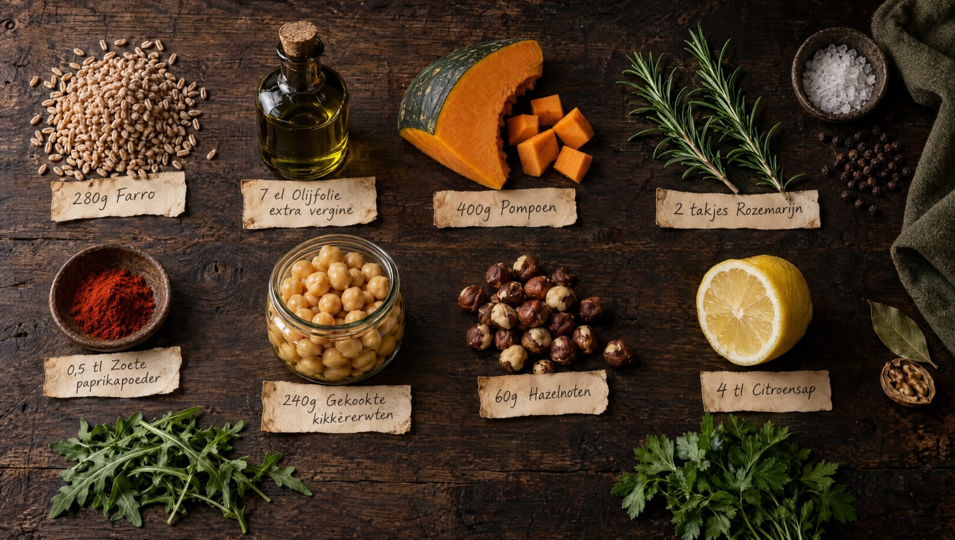 Ingrediënten voor kikkererwtensalade: farro, pompoen, kikkererwten, hazelnoten, rozemarijn, citroen, rucola en olijfolie