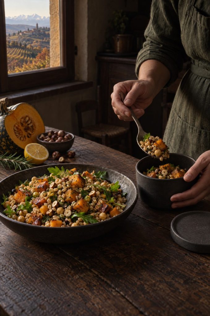 Handen van de kok scheppen kikkererwtensalade in een lunchtrommel in een donkere keuken met uitzicht op de Langhe