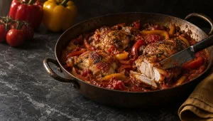 Kip alla romana met rode en gele paprika in een brede pan op tafel in Lazio, met trostomaten en paprika's ernaast
