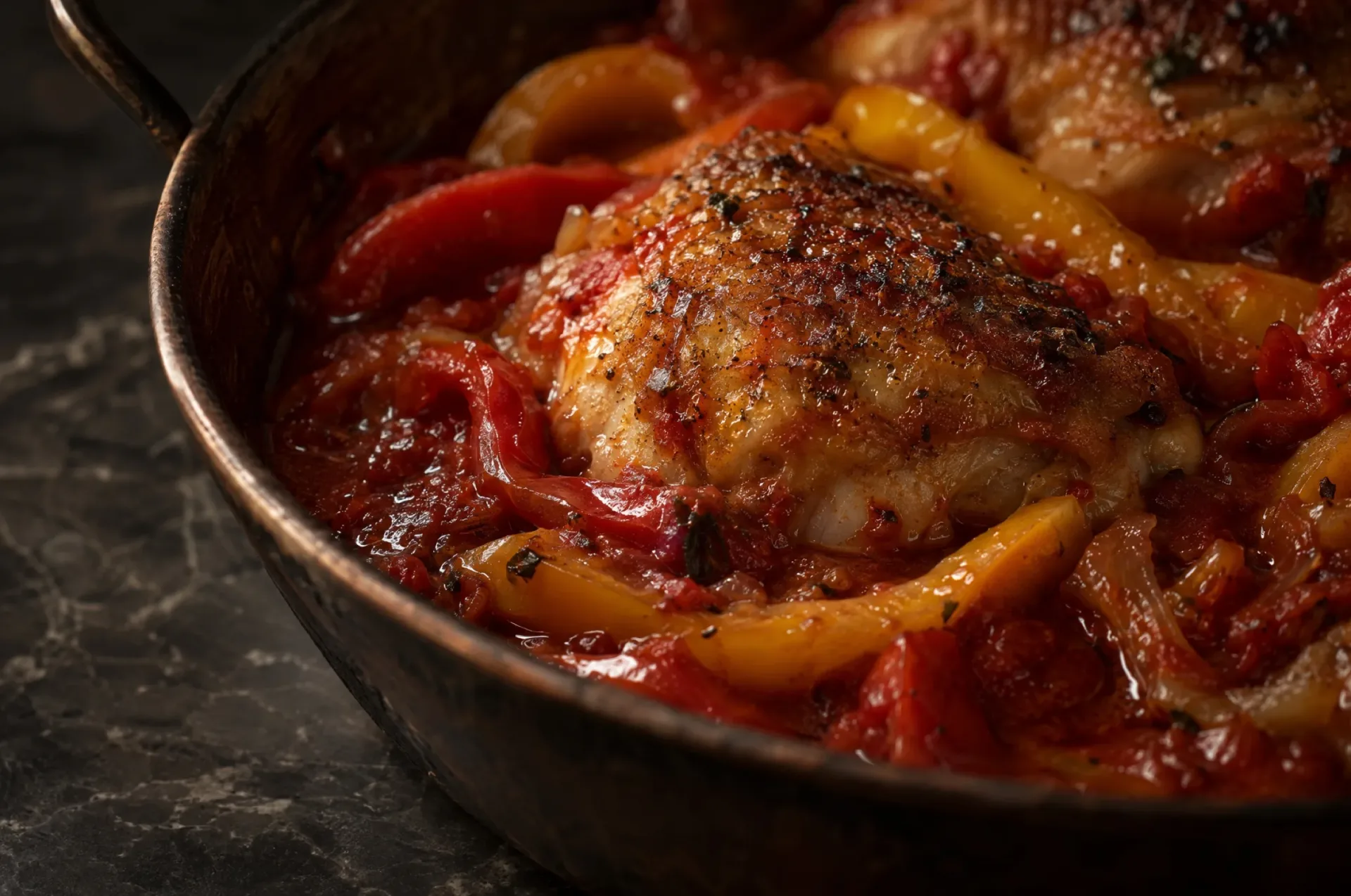 Close-up van kip alla romana: gebruind kippenvel tussen zachte reepjes rode en gele paprika in dikke tomatensaus