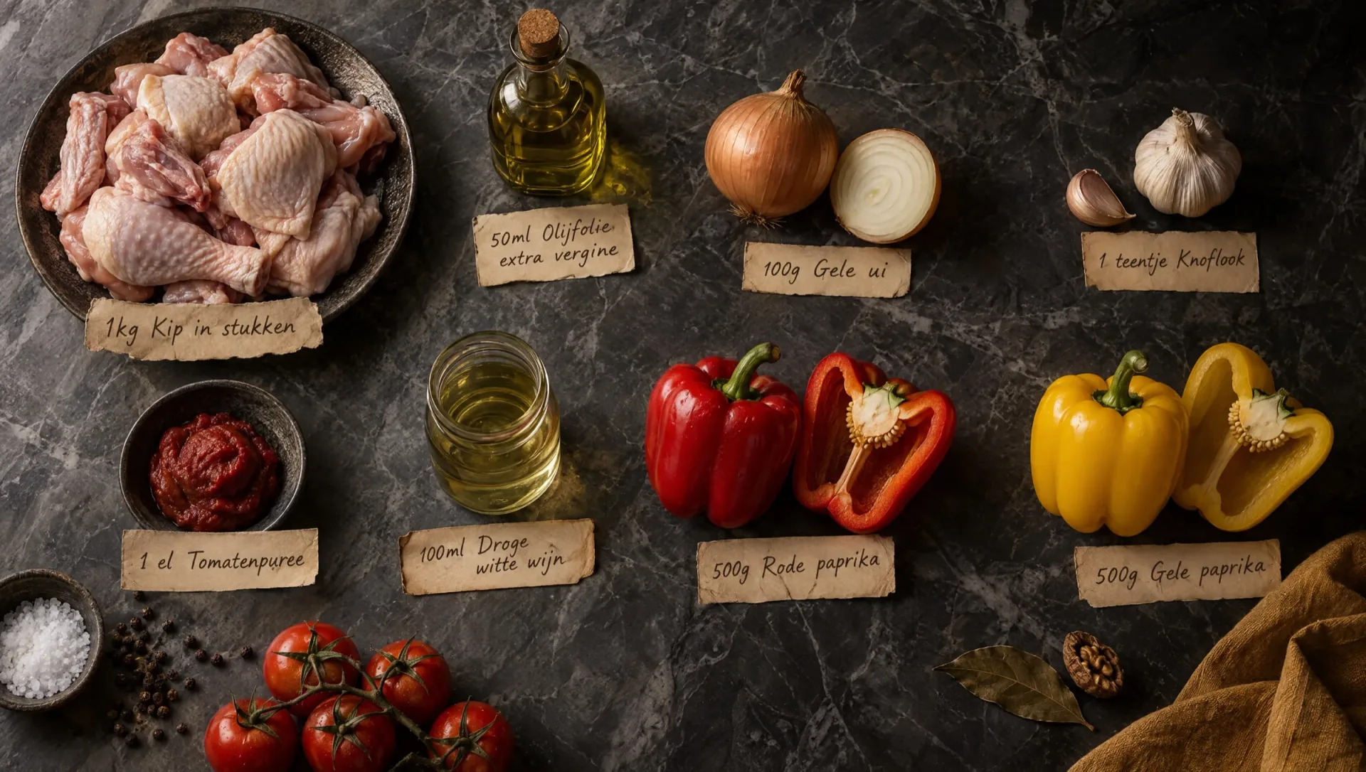 Ingrediënten voor kip alla romana: kip in stukken, rode en gele paprika, trostomaten, gele ui, knoflook en witte wijn