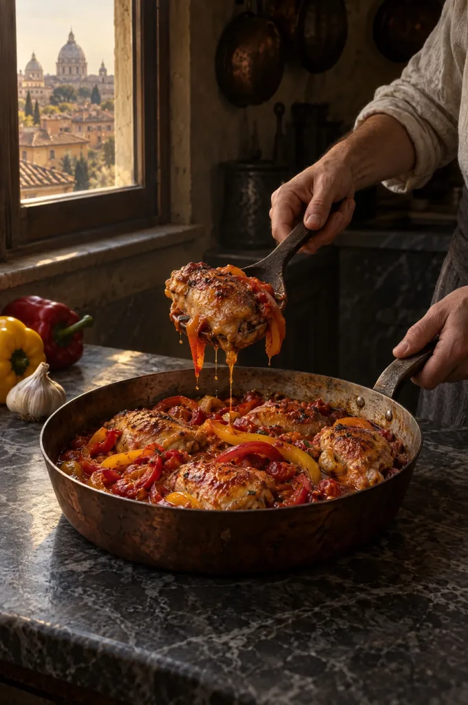 Handen van de kok scheppen kip alla romana uit een brede pan in een donkere keuken bij het raam, met uitzicht op Rome