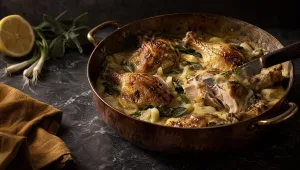 Kip in fricassee in een koperen braadpan op een donkere marmeren tafel, met citroen, lente-uitjes en salie