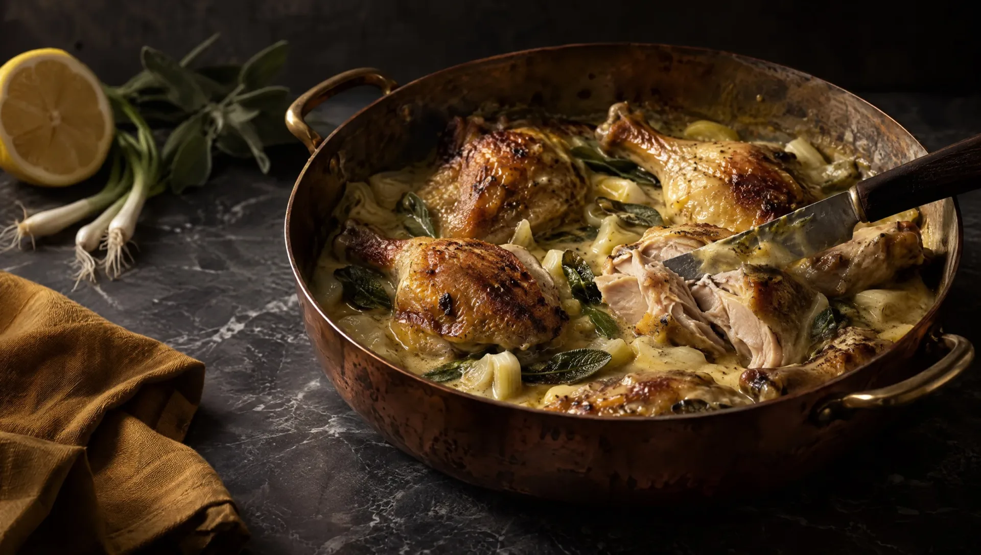 Kip in fricassee in een koperen braadpan op een donkere marmeren tafel, met citroen, lente-uitjes en salie