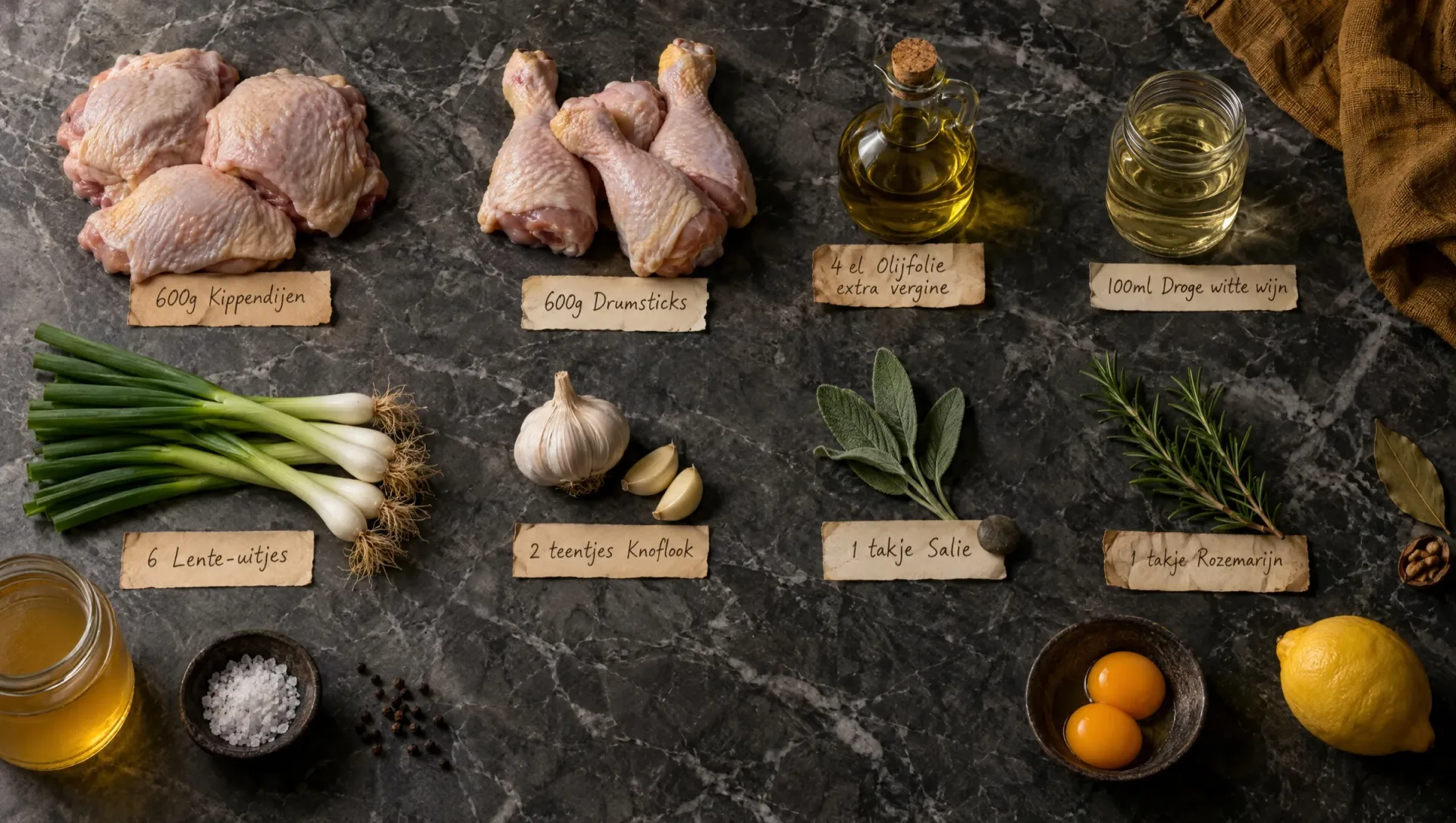 Ingrediënten voor kip in fricassee: kippendijen, drumsticks, lente-uitjes, knoflook, eieren, citroen, salie en rozemarijn