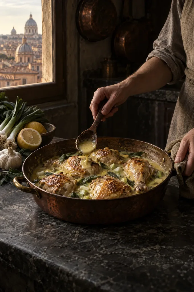 Handen van de kok scheppen saus over kip in fricassee in een donkere keuken bij het raam, uitzicht op de daken van Rome