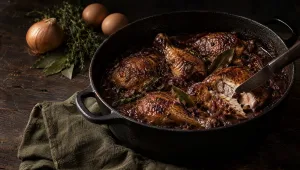 Kip in rode wijn uit Bologna in een gietijzeren braadpan, met tijm, laurier en eieren op een herfsttafel in Emilia