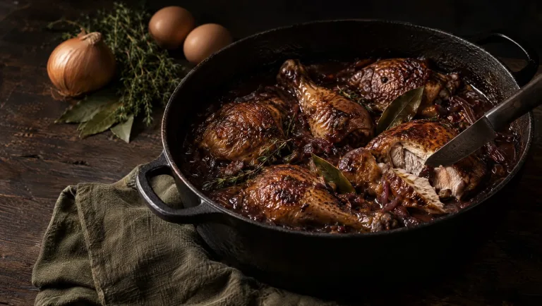 Kip in rode wijn uit Bologna in een gietijzeren braadpan, met tijm, laurier en eieren op een herfsttafel in Emilia