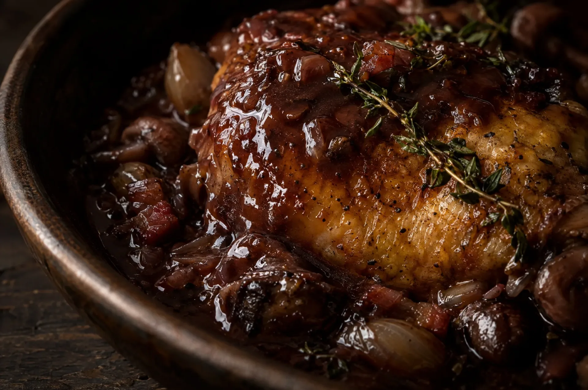 Close-up van kip in rode wijn: glanzende donkere saus, gebonden met eidooier, over het goudbruine vel van een kippendij