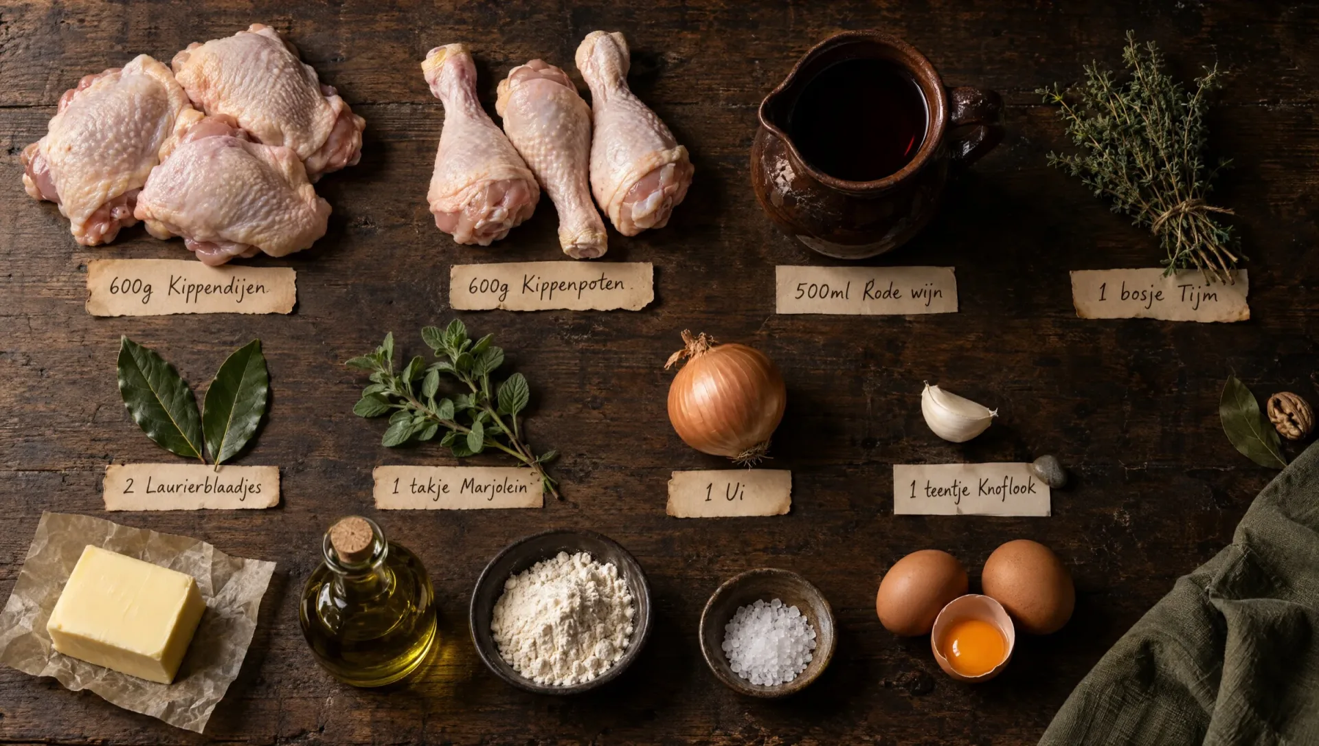 Ingrediënten voor kip in rode wijn: kippendijen, kippenpoten, Sangiovese, tijm, laurier, marjolein, ui, boter en eieren