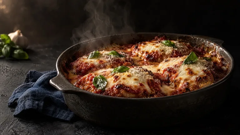 Kip parmigiana met gesmolten mozzarella in een donkere ovenschaal op een leistenen tafel, met knoflook en basilicum