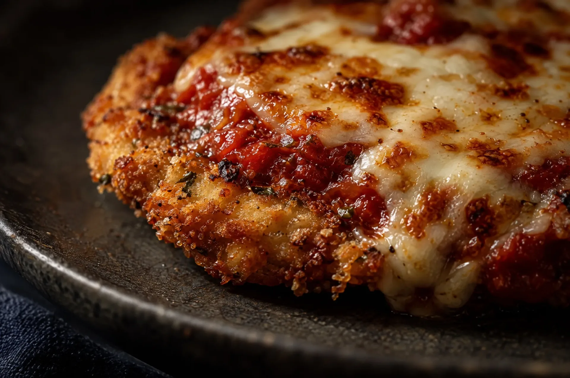 Detail van kip parmigiana: goudbruine korst van paneermeel en kaas onder borrelende mozzarella en tomatensaus