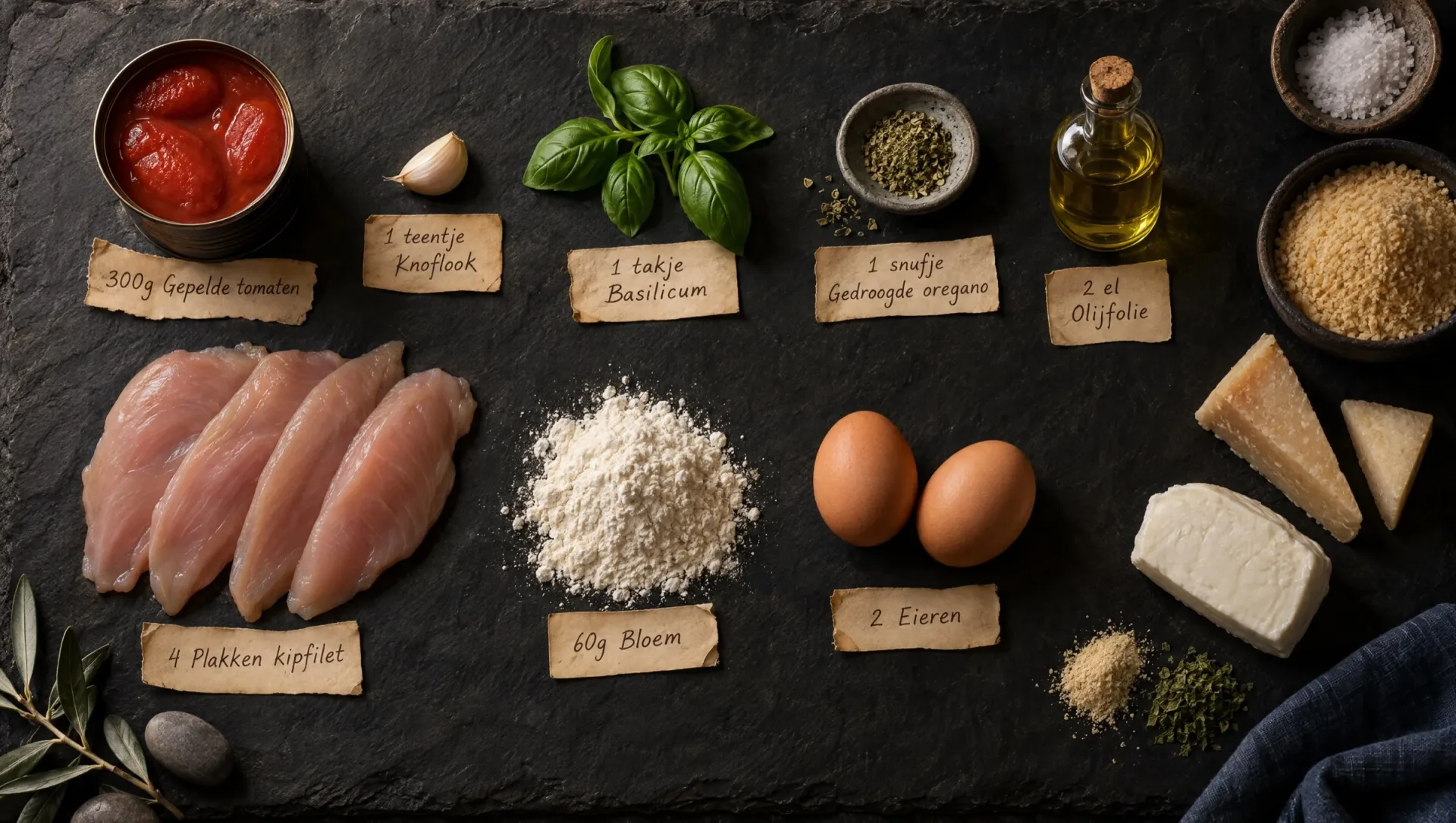 Ingrediënten voor kip parmigiana: kipfilet, tomaten, mozzarella, Parmigiano, Pecorino, eieren, paneermeel en basilicum