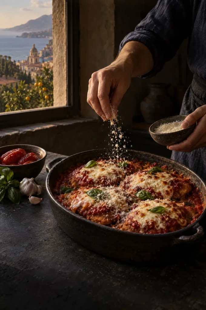 Handen van de kok strooien Parmigiano over kip parmigiana in een donkere keuken met zicht op de Siciliaanse kust