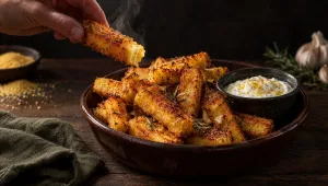 Krokante polenta uit de oven op een houten tafel in Veneto in de herfst, met maïsmeel, knoflook en rozemarijn