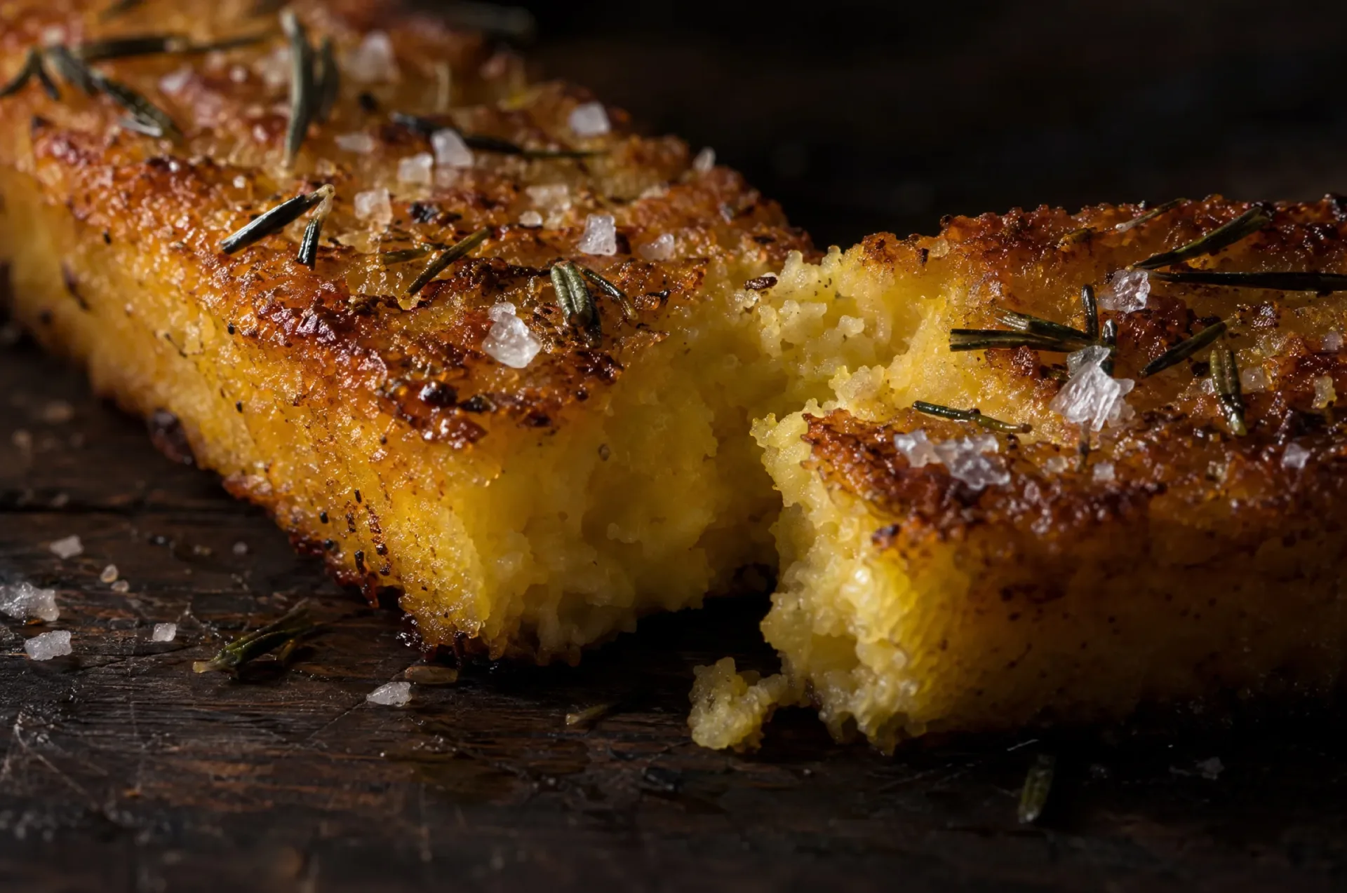 Close-up van krokante polenta uit de oven: een goudbruine korst met olijfolie, grof zeezout en rozemarijnnaalden