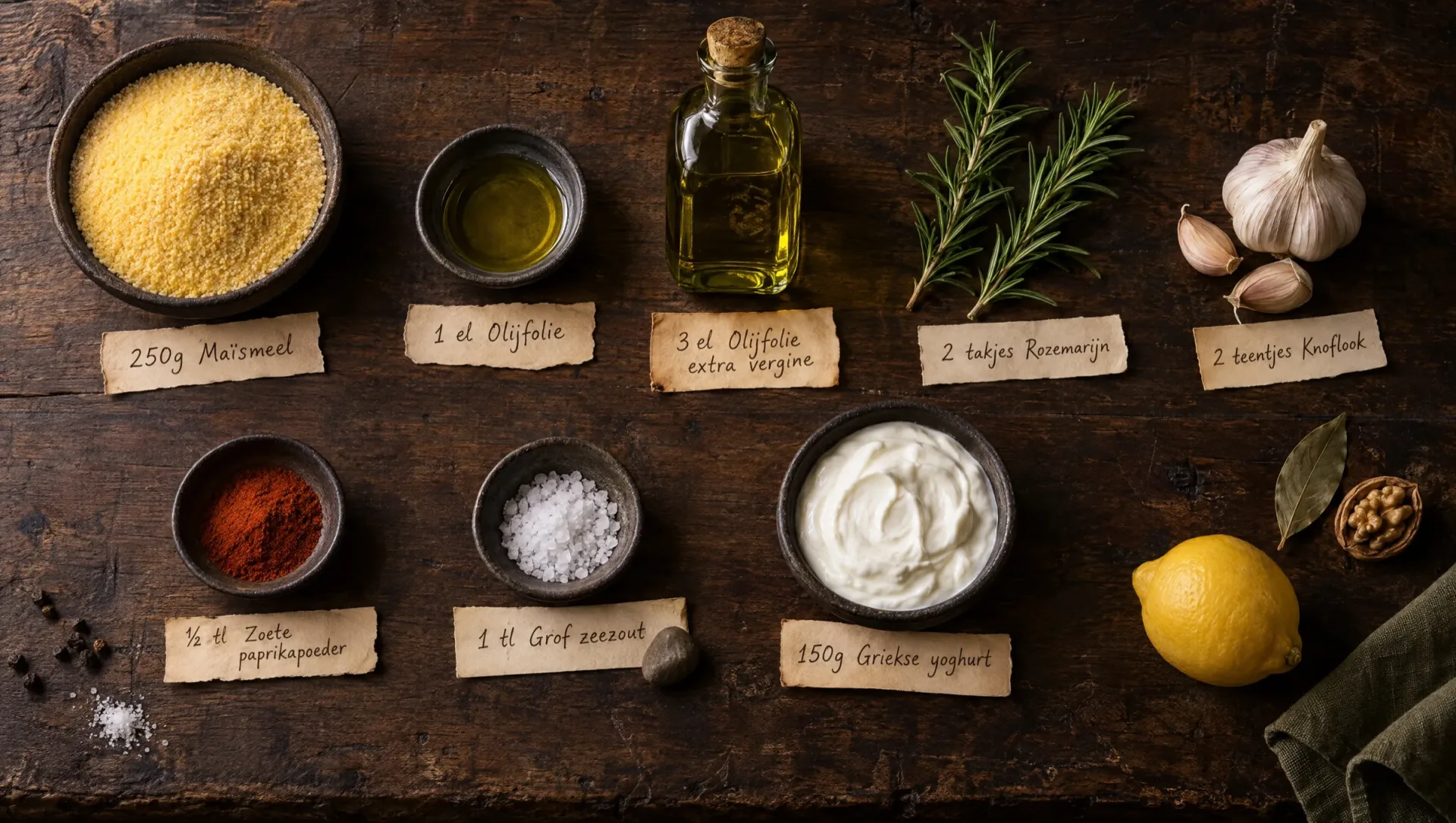 Ingrediënten voor krokante polenta: maïsmeel, rozemarijn, knoflook, olijfolie, paprikapoeder, Griekse yoghurt en citroen