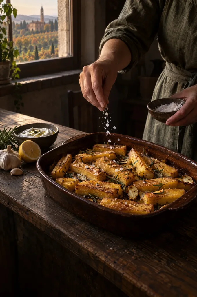 Handen strooien zeezout over krokante polenta in een donkere keuken bij het raam, met uitzicht op de heuvels van Verona