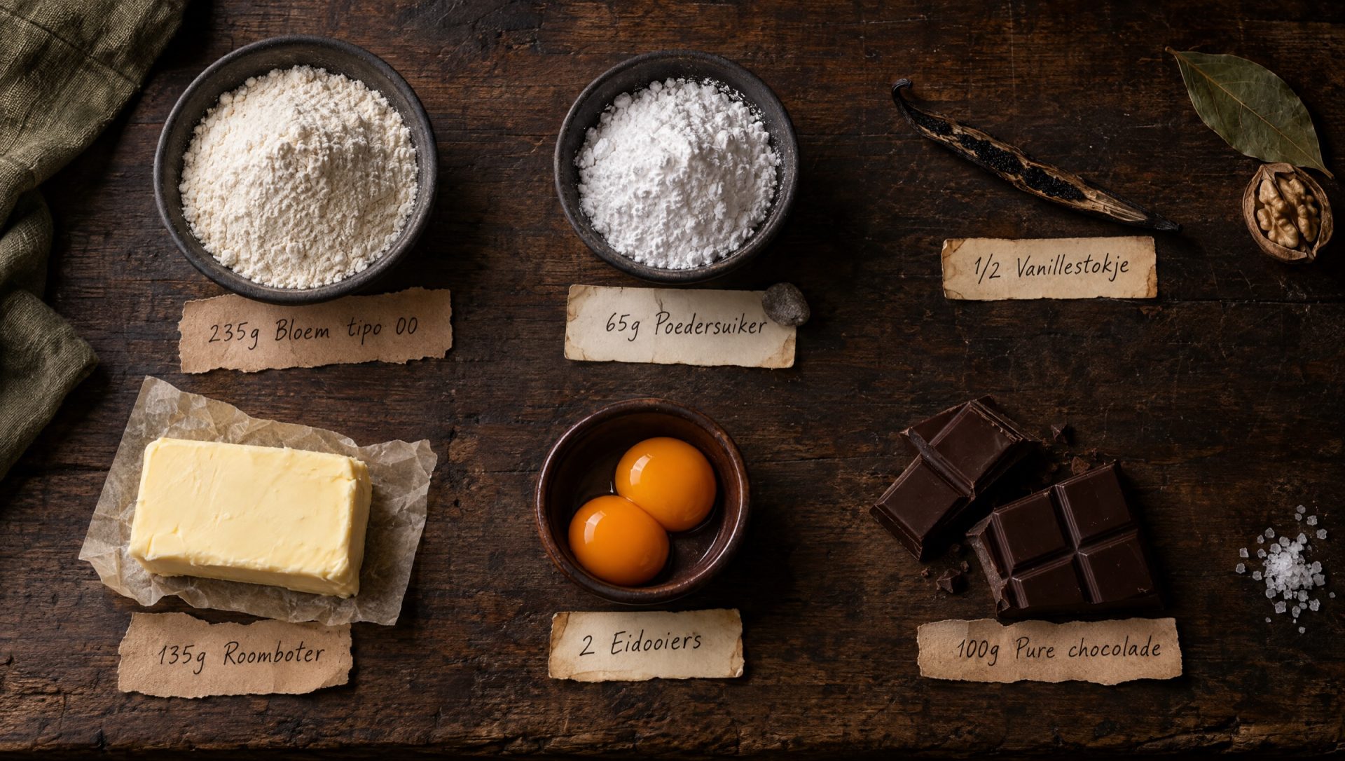 Ingrediënten voor krumiri: bloem tipo 00, poedersuiker, roomboter, eidooiers, een vanillestokje en pure chocolade
