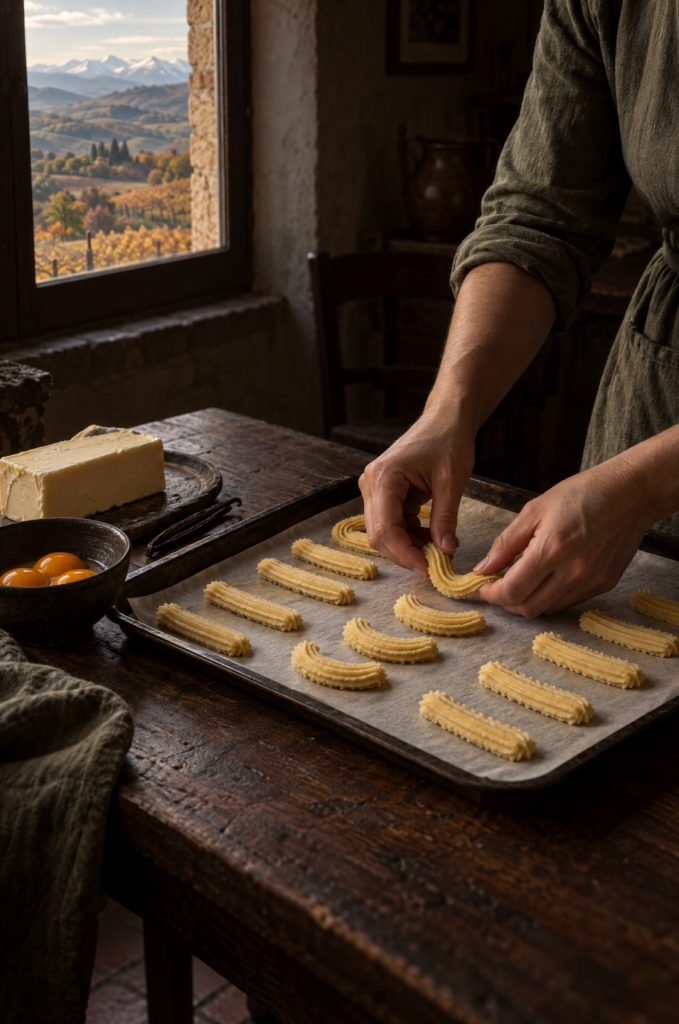Handen van de kok buigen gespoten krumiri op de bakplaat in een donkere keuken, door het raam de heuvels van de Monferrato