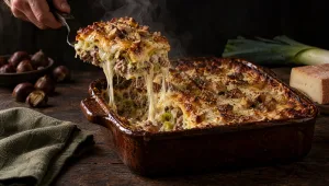 Lasagne met kastanjes en taleggio: een spatel tilt het eerste stuk uit de schaal, naast kastanjes, prei en taleggio