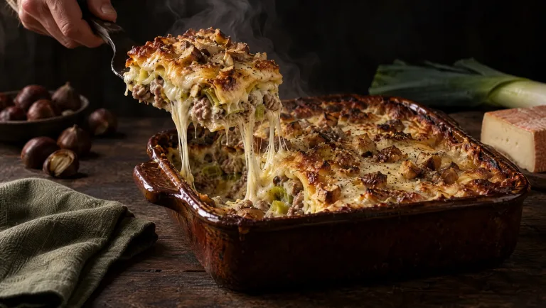 Lasagne met kastanjes en taleggio: een spatel tilt het eerste stuk uit de schaal, naast kastanjes, prei en taleggio