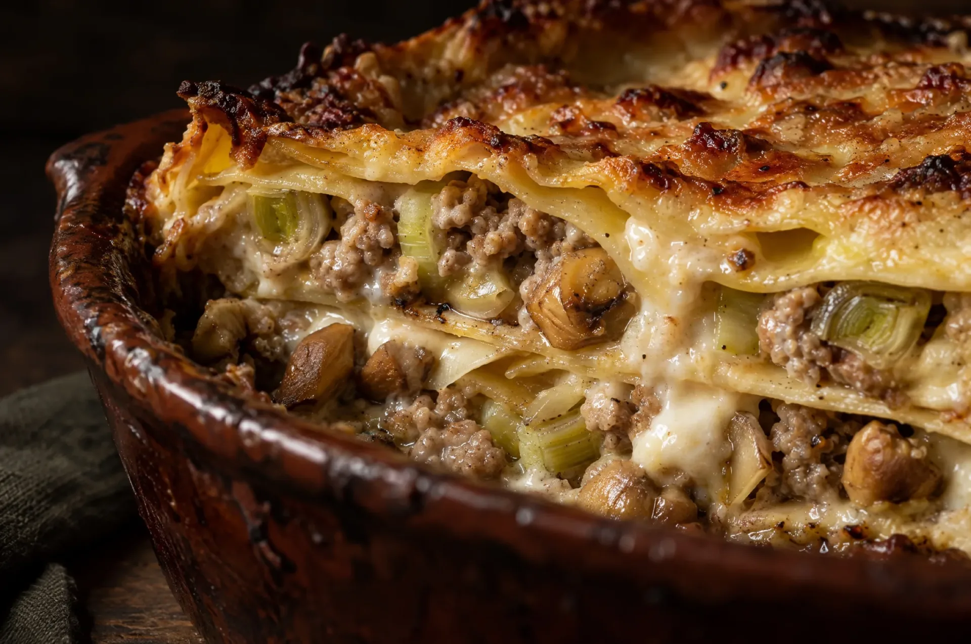 Lasagne met kastanjes in doorsnede: lagen pasta, kalfsragù, stukjes kastanje en gesmolten taleggiobechamel