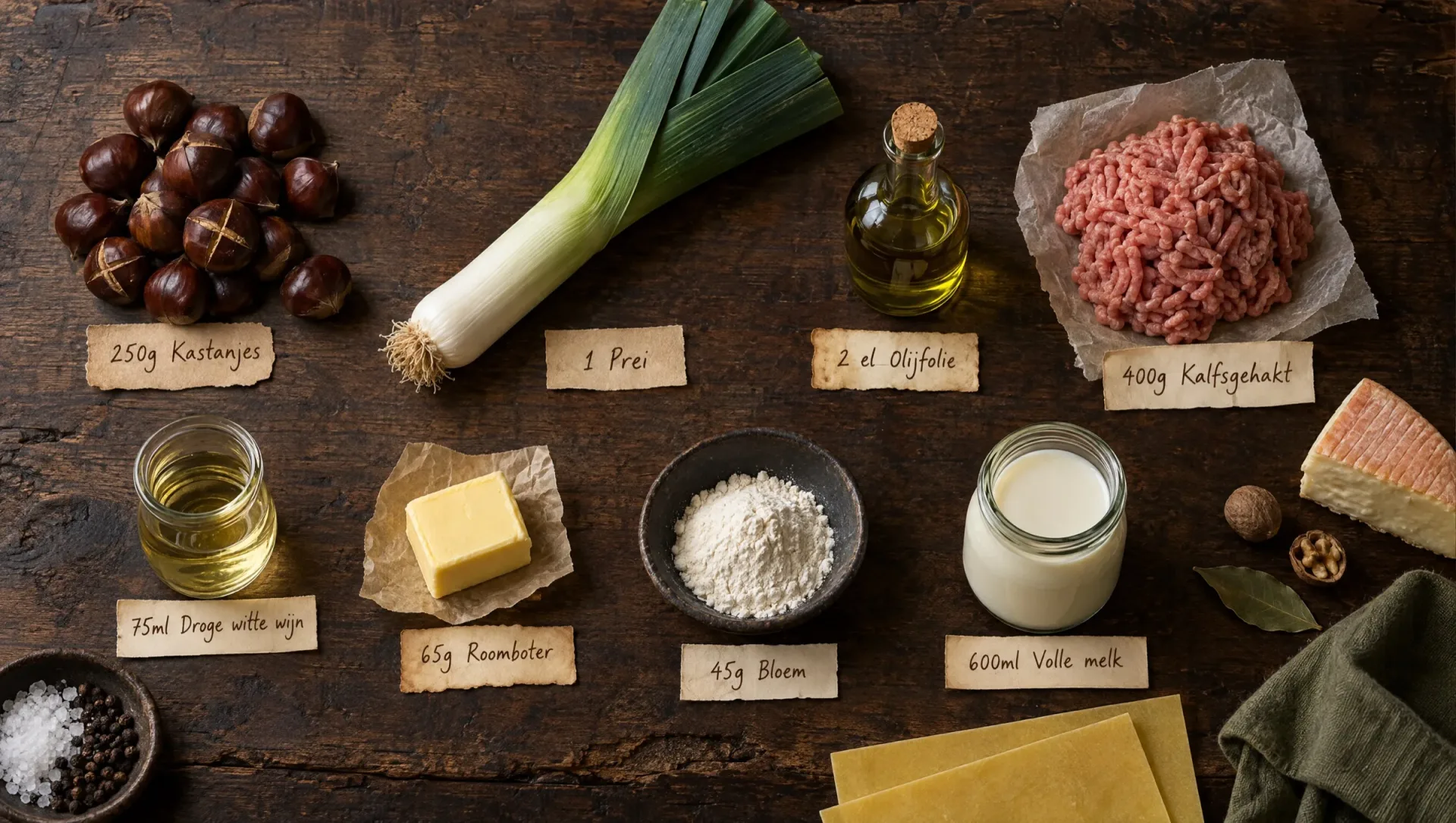 Ingrediënten voor lasagne met kastanjes: lasagnebladen, kalfsgehakt, kastanjes, prei, taleggio, melk en boter