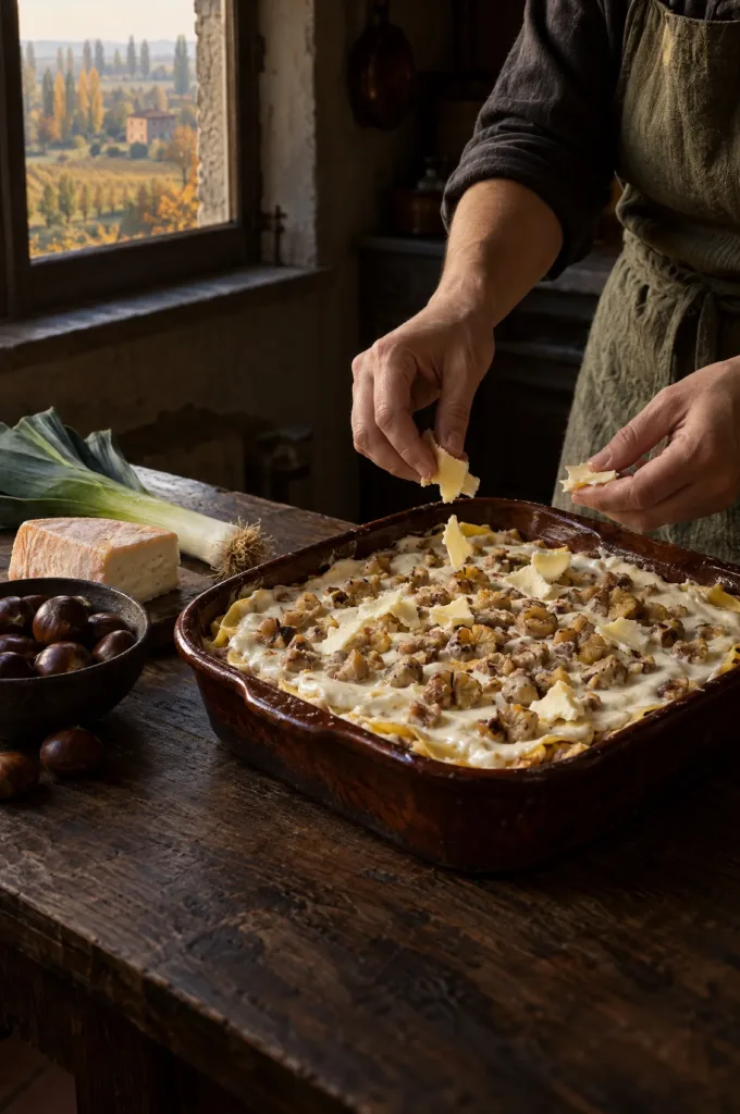 Handen van de kok strooien botervlokjes over lasagne met kastanjes in een donkere keuken, met uitzicht op de Povlakte