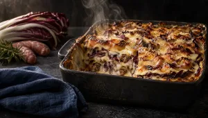 Lasagne met radicchio uit de oven op een donkere leistenen tafel, met rauwe radicchio di Treviso, salsiccia en rozemarijn
