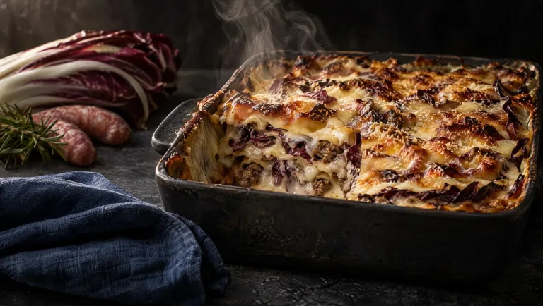 Lasagne met radicchio uit de oven op een donkere leistenen tafel, met rauwe radicchio di Treviso, salsiccia en rozemarijn
