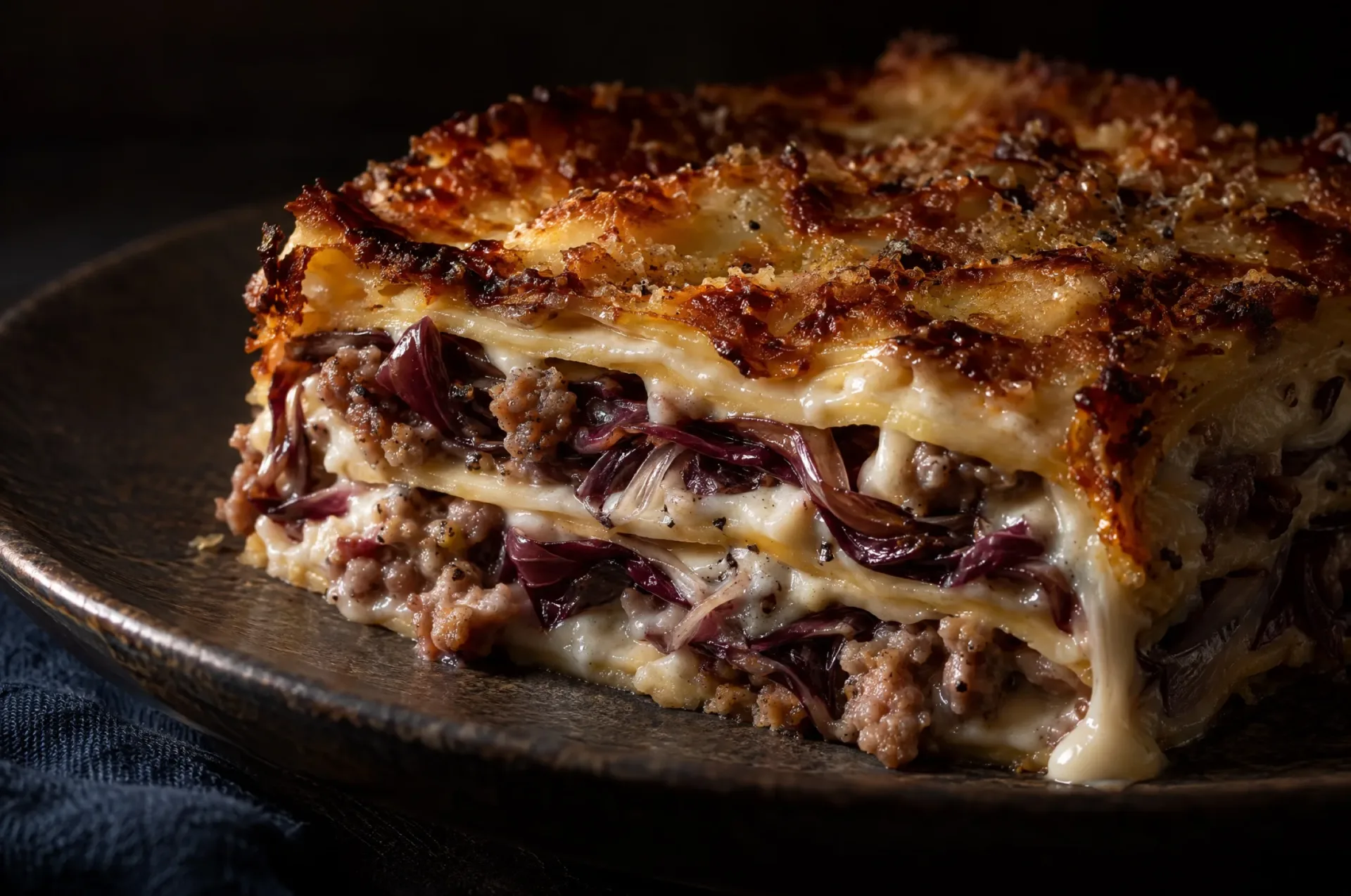 Doorsnede van lasagne met radicchio: laagjes blad, bechamel, rode radicchio en salsiccia onder een gegratineerde korst
