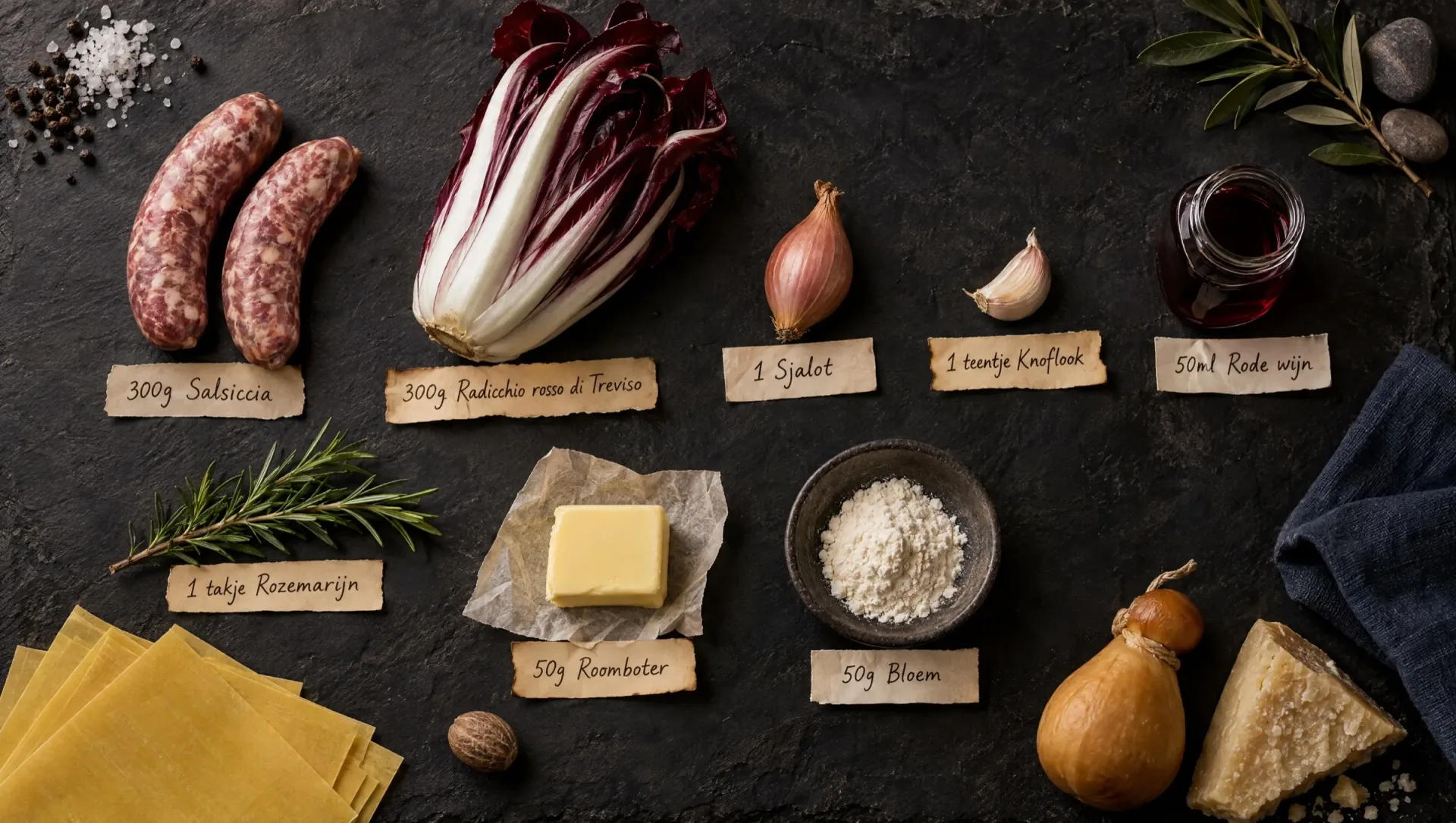 Ingrediënten voor lasagne met radicchio: radicchio di Treviso, salsiccia, scamorza, Parmigiano, lasagnebladen en melk