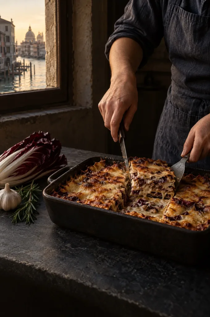 Handen van de kok snijden lasagne met radicchio in een donkere keuken, bij het raam met uitzicht op de Venetiaanse lagune