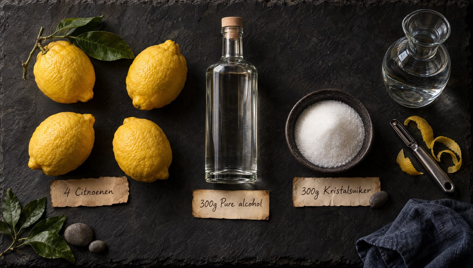 Ingrediënten voor limoncello: citroenen uit Amalfi met blad, pure alcohol, kristalsuiker, water en een dunschiller