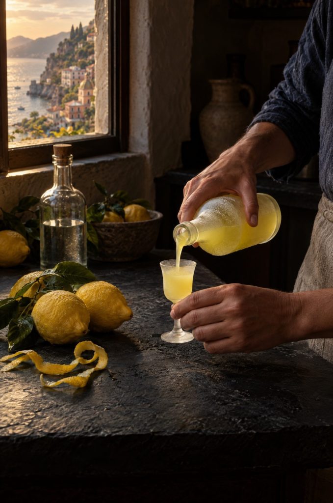 Handen van de kok schenken limoncello in een ijskoud glaasje in een donkere keuken bij het raam, met zicht op de Amalfikust